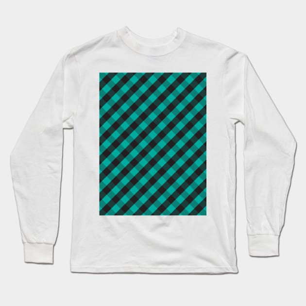 Teal Green and Black Check Gingham Plaid Long Sleeve T-Shirt by squeakyricardo